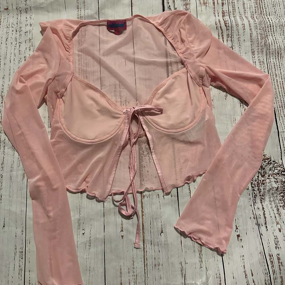 Edikted Y2K Pink Mesh Tie Front Crop Top Coquette Fairycore Balletcore Sheer M
